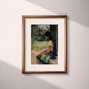 Matted frame view of A japandi oil painting, a woman sitting on a porch, side view