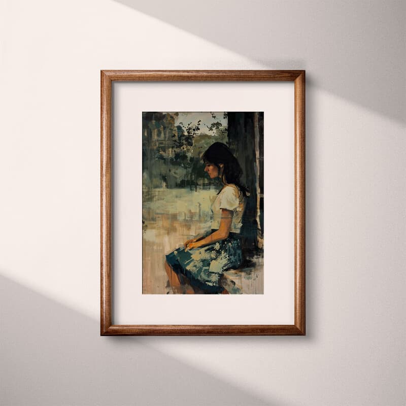 Matted frame view of A japandi oil painting, a woman sitting on a porch, side view