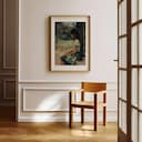 Room view with a matted frame of A japandi oil painting, a woman sitting on a porch, side view