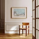 Room view with a matted frame of A rustic pastel pencil illustration, still life on a kitchen counter