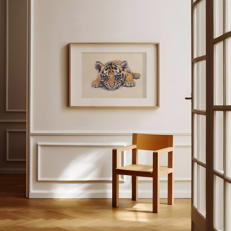 Room view with a matted frame of A cute chibi anime pastel pencil illustration, a tiger