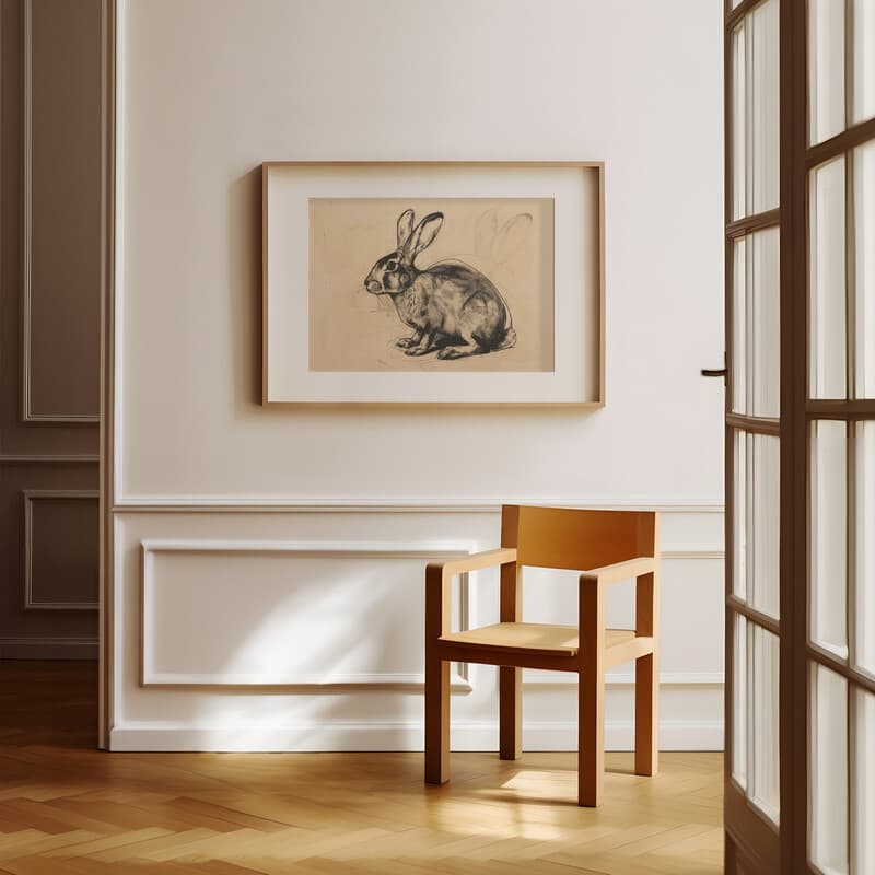 Room view with a matted frame of A rustic graphite sketch, a rabbit