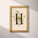 Full frame view of A vintage pastel pencil illustration, the letter "H" with a flower