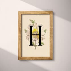 Letter H Art | Typography Wall Art | Flowers Print | White, Black, Brown and Yellow Decor | Vintage Wall Decor | Entryway Digital Download | Back To School Art | Autumn Wall Art | Pastel Pencil Illustration