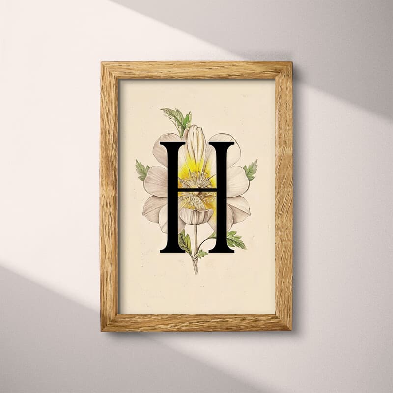 Full frame view of A vintage pastel pencil illustration, the letter "H" with a flower