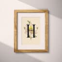 Matted frame view of A vintage pastel pencil illustration, the letter "H" with a flower