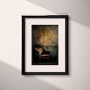 Matted frame view of An abstract impressionist oil painting, a leather chair in front of a patterned wall