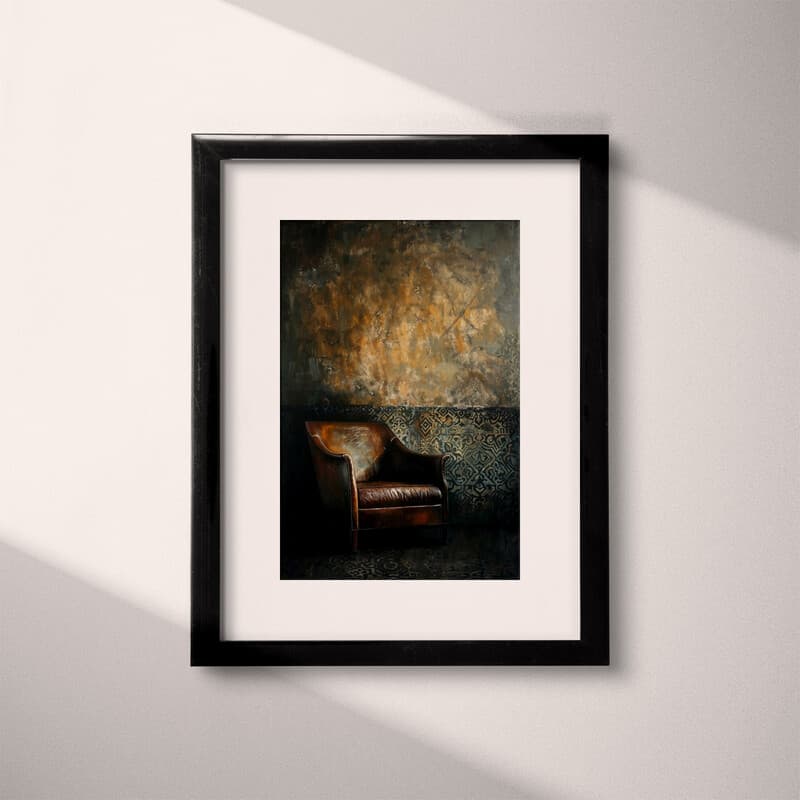 Matted frame view of An abstract impressionist oil painting, a leather chair in front of a patterned wall