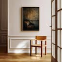 Room view with a full frame of An abstract impressionist oil painting, a leather chair in front of a patterned wall