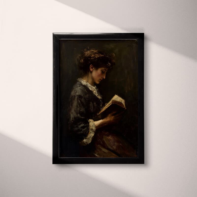 Full frame view of A vintage oil painting, woman reading a book, side view