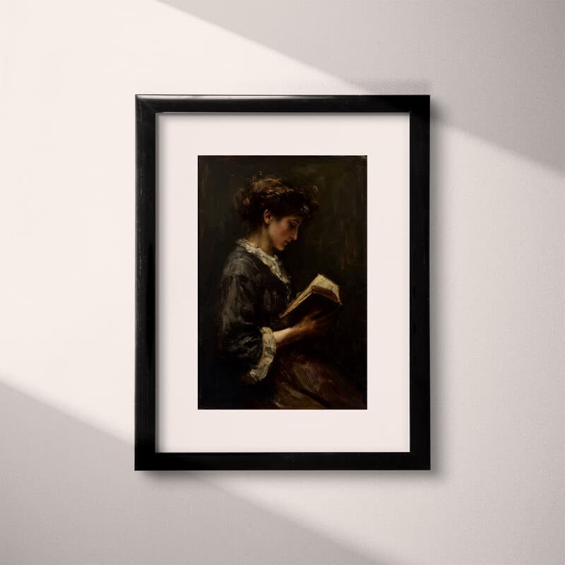 Matted frame view of A vintage oil painting, woman reading a book, side view