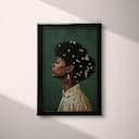 Full frame view of An afrofuturism oil painting, portrait of a woman with pearls in her hair, side view