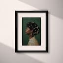 Matted frame view of An afrofuturism oil painting, portrait of a woman with pearls in her hair, side view