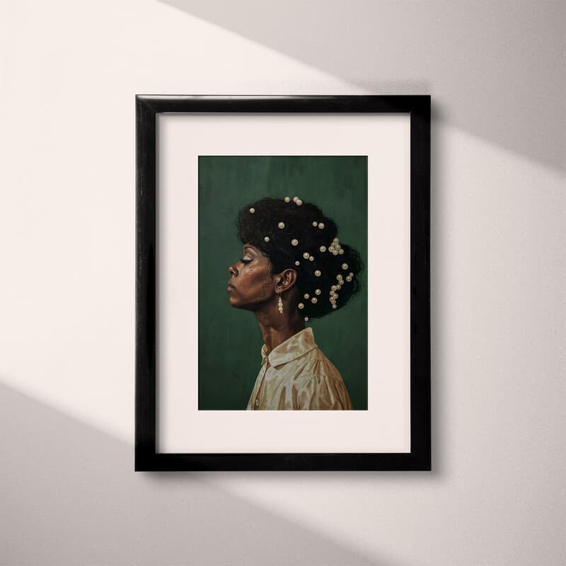 Matted frame view of An afrofuturism oil painting, portrait of a woman with pearls in her hair, side view