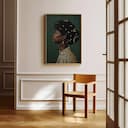 Room view with a full frame of An afrofuturism oil painting, portrait of a woman with pearls in her hair, side view