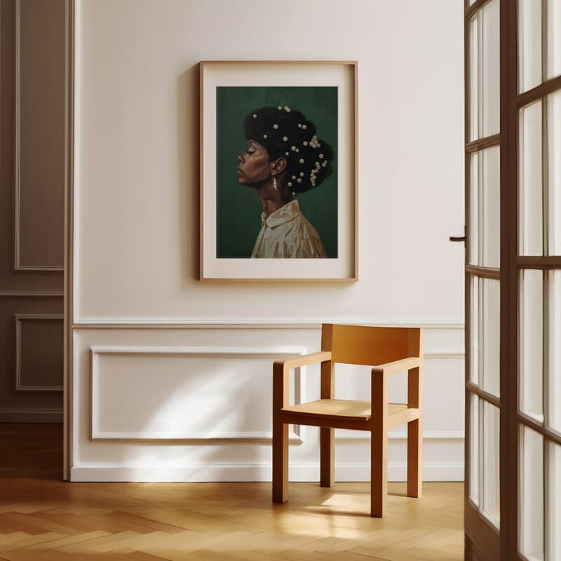 Room view with a matted frame of An afrofuturism oil painting, portrait of a woman with pearls in her hair, side view