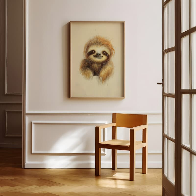 Room view with a full frame of A cute chibi anime colored pencil illustration, a sloth