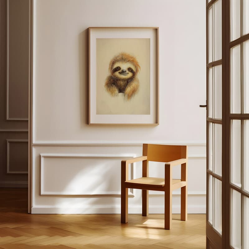 Room view with a matted frame of A cute chibi anime colored pencil illustration, a sloth