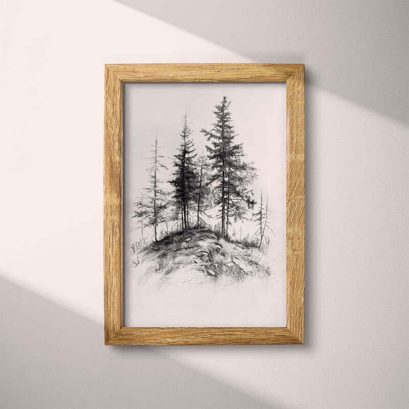 Full frame view of A vintage charcoal sketch, pine trees on a hill