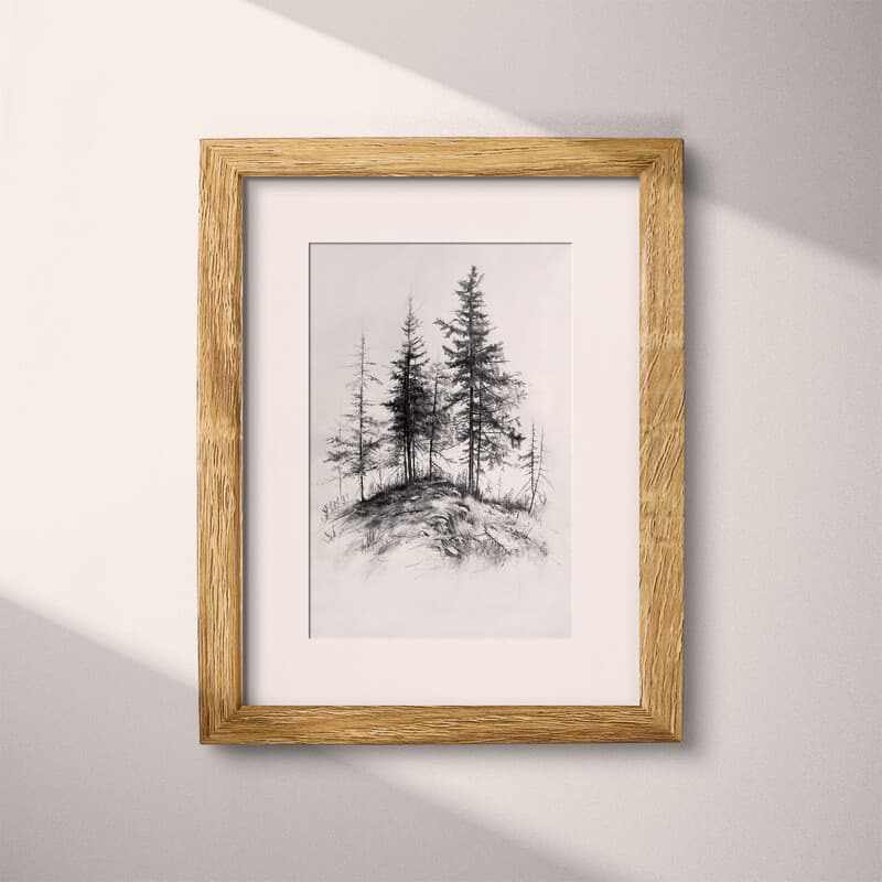 Matted frame view of A vintage charcoal sketch, pine trees on a hill