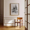 Room view with a full frame of A vintage charcoal sketch, pine trees on a hill