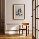 Room view with a matted frame of A vintage charcoal sketch, pine trees on a hill