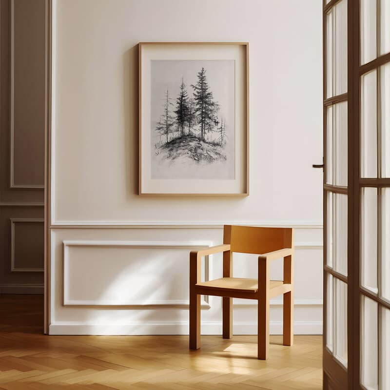 Room view with a matted frame of A vintage charcoal sketch, pine trees on a hill