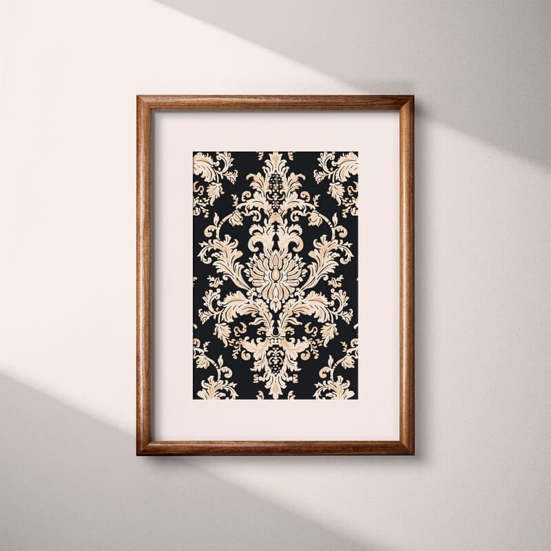 Matted frame view of A gothic textile print, symmetric intricate pattern