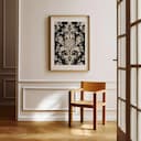 Room view with a matted frame of A gothic textile print, symmetric intricate pattern