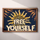 Full frame view of A vintage linocut print, the words "FREE YOURSELF" with a sun