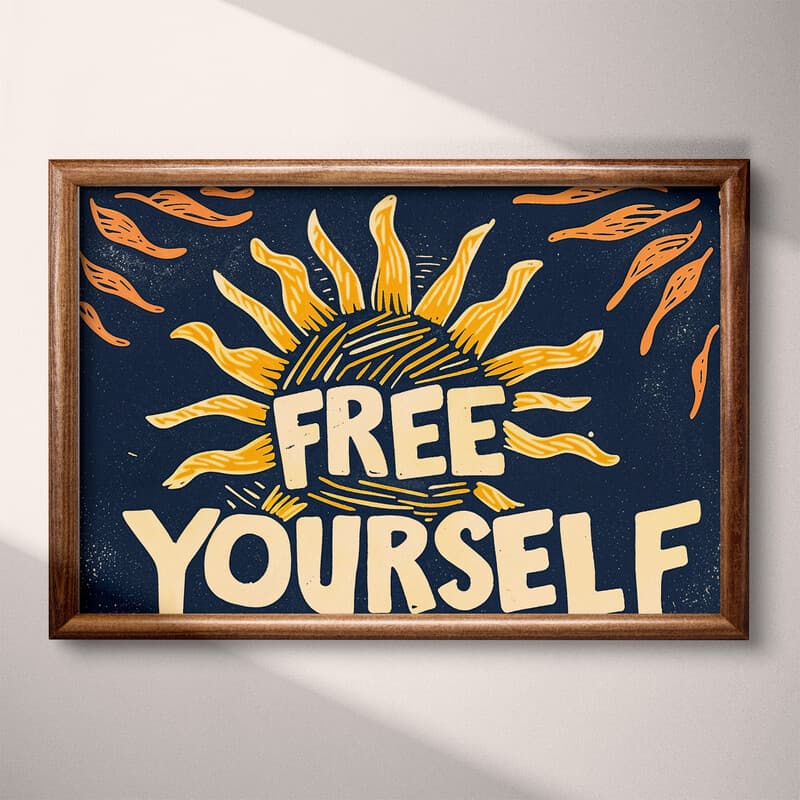 Full frame view of A vintage linocut print, the words "FREE YOURSELF" with a sun