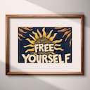 Matted frame view of A vintage linocut print, the words "FREE YOURSELF" with a sun