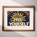 Matted frame view of A vintage linocut print, the words "FREE YOURSELF" with a sun