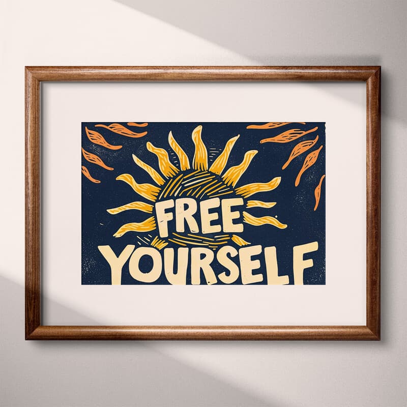 Matted frame view of A vintage linocut print, the words "FREE YOURSELF" with a sun