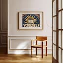 Room view with a matted frame of A vintage linocut print, the words "FREE YOURSELF" with a sun