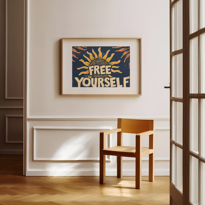 Room view with a matted frame of A vintage linocut print, the words "FREE YOURSELF" with a sun