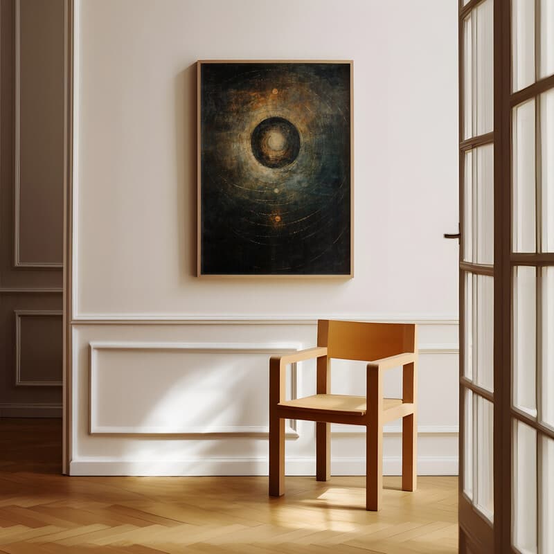 Room view with a full frame of An abstract impressionist oil painting, the solar system