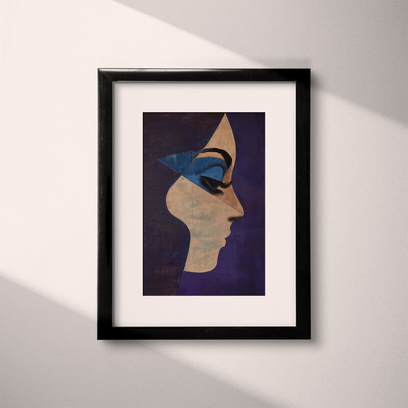 Matted frame view of An abstract vintage oil painting, a woman with blue eye shadow