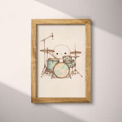 Drum Set Digital Download | Music Wall Decor | Music Decor | White, Brown, Gray and Black Print | Chibi Wall Art | Kids Art | Back To School Digital Download | Autumn Wall Decor | Pastel Pencil Illustration