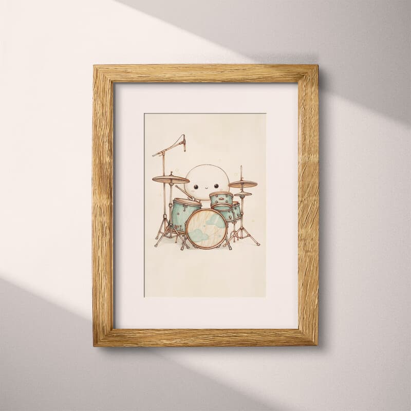 Matted frame view of A cute chibi anime pastel pencil illustration, drums