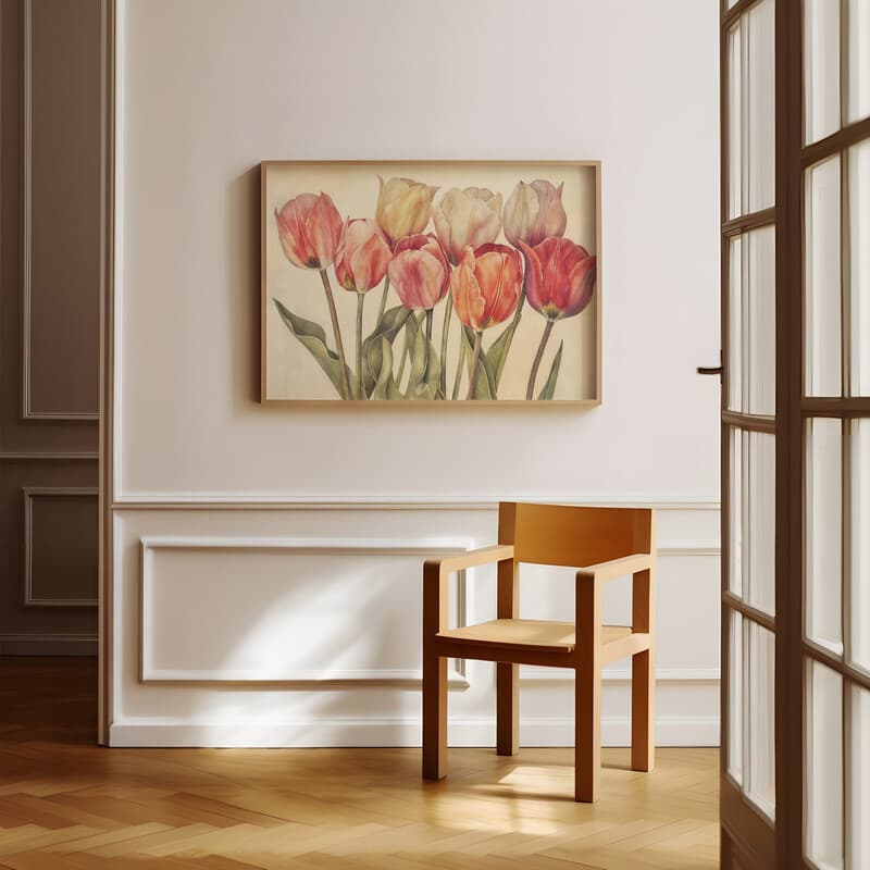 Room view with a full frame of A farmhouse pastel pencil illustration, tulips