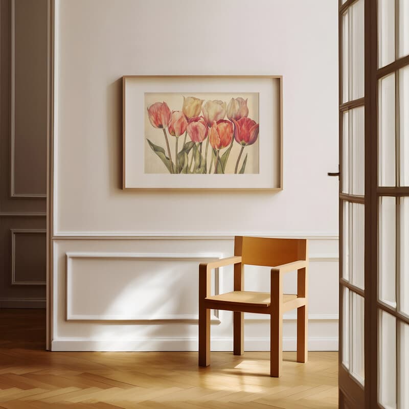 Room view with a matted frame of A farmhouse pastel pencil illustration, tulips