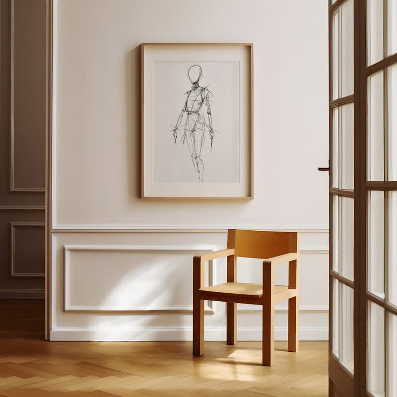 Room view with a matted frame of A vintage graphite sketch, a mannequin