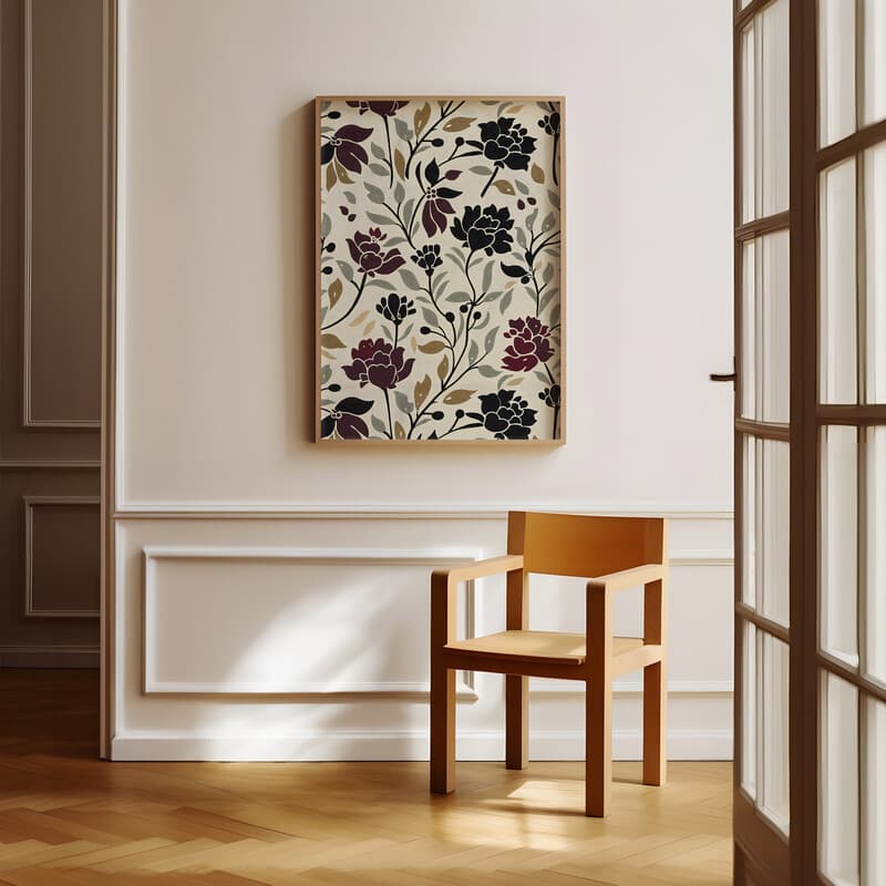 Room view with a full frame of An art nouveau textile print, simple pattern