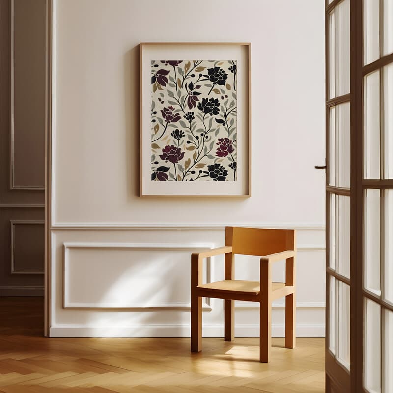 Room view with a matted frame of An art nouveau textile print, simple pattern