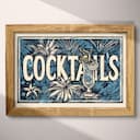 Full frame view of A vintage linocut print, the word "COCKTAILS" with a tropical drink