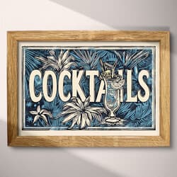 Tropical Cocktails Digital Download | Tropical Wall Decor | Food & Drink Decor | Beige, Black and Blue Print | Vintage Wall Art | Bar Art | Bachelor Party Digital Download | Cinco de Mayo Wall Decor | Summer Decor | Linocut Print