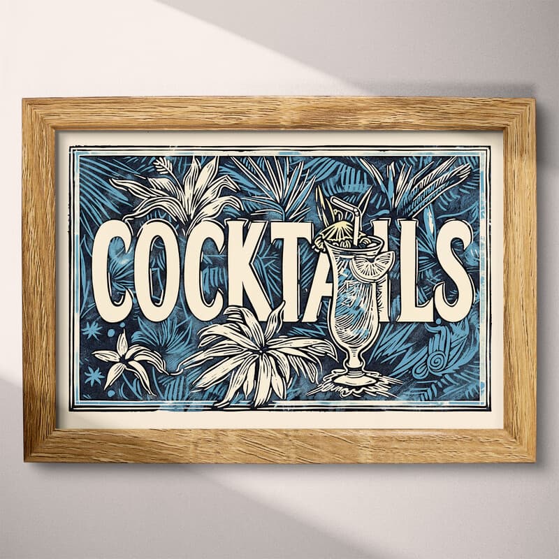 Full frame view of A vintage linocut print, the word "COCKTAILS" with a tropical drink