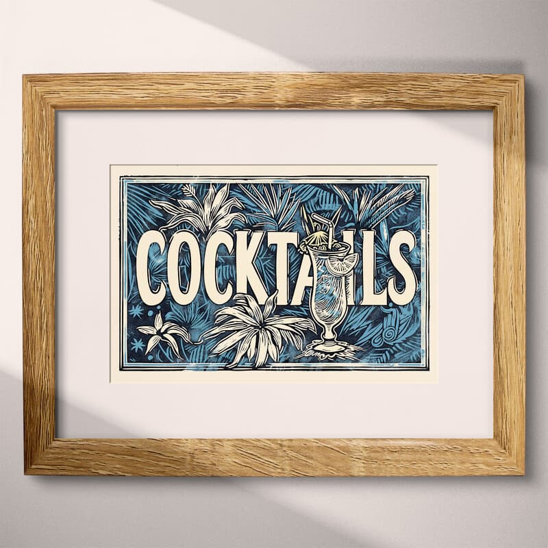 Matted frame view of A vintage linocut print, the word "COCKTAILS" with a tropical drink