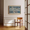 Room view with a full frame of A vintage linocut print, the word "COCKTAILS" with a tropical drink